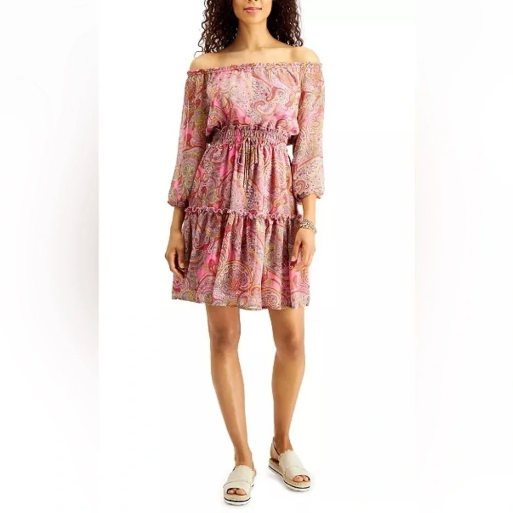 Tommy Hilfiger Gauzy Off Shoulder Tiered Dress Elastic Waist Balloon Sleeve 12 - Picture 3 of 9